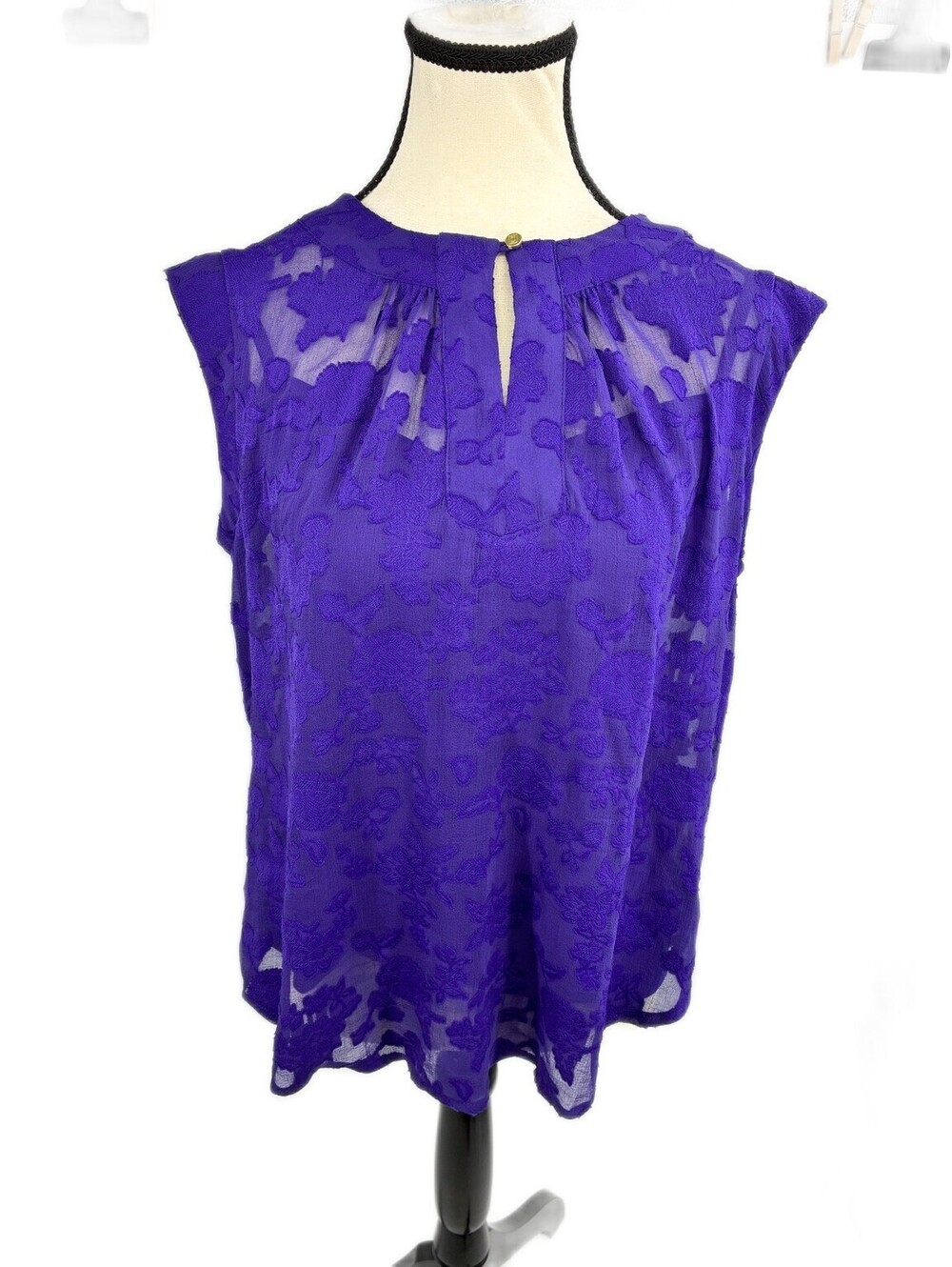 Liz Claiborne Womens Purple Floral Burnout Sheer Cap Sleeve Blouse Top Size M